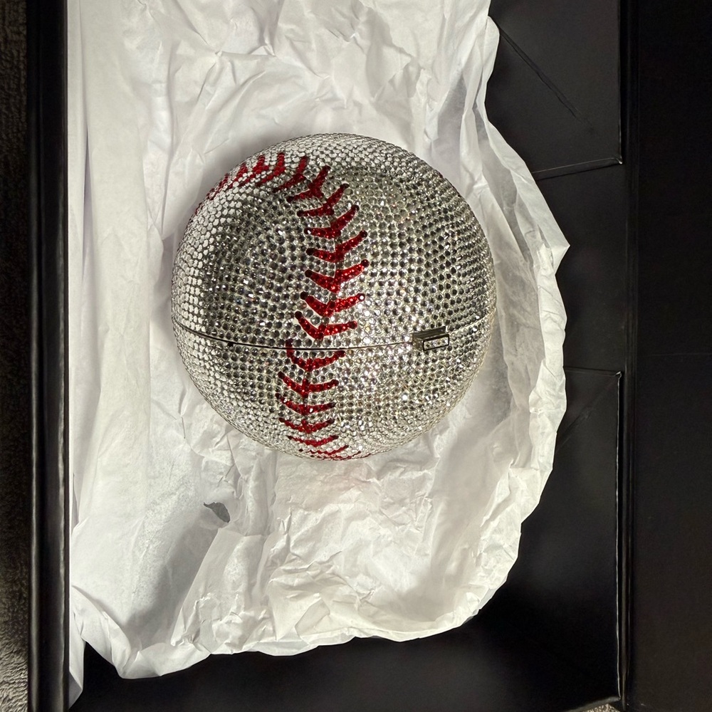 Judith Leiber Silver and Red Crystal Baseball Bag